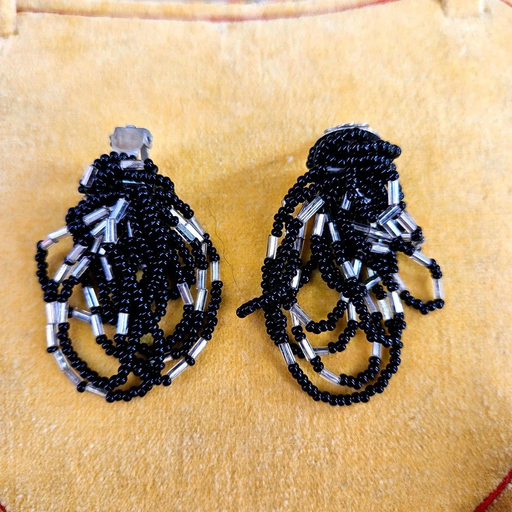Vintage Black Silver Seed Bead‎ Waterfall Tassel Cluster Clip On Earrings 2